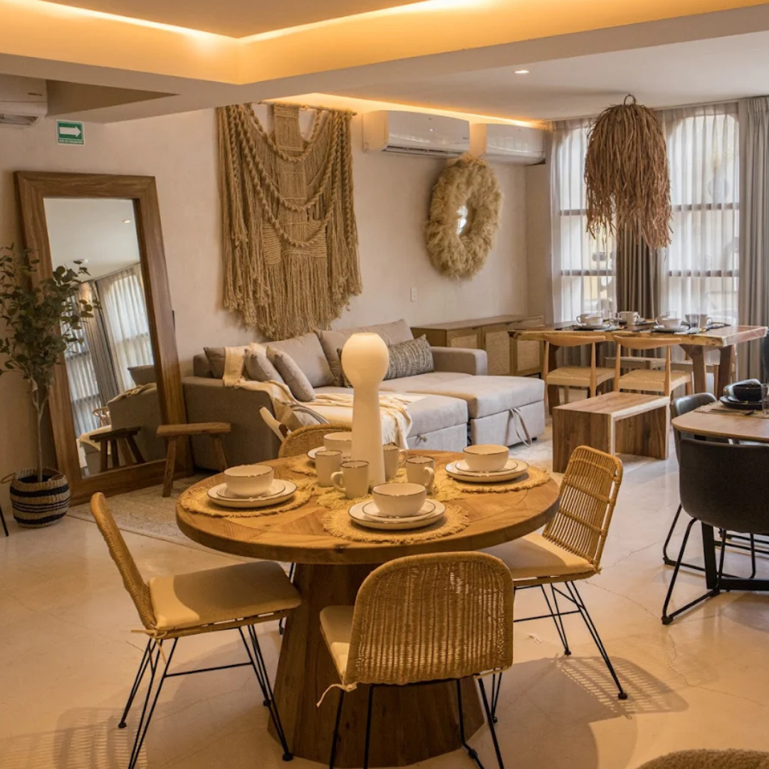 Mueblería en Cancún con comedor redondo de madera y sillas tejidas, salas esquineras y comedores estilo tropical que distingue a la mejor mueblería en Cancún, Playa del Carmen y Tulum. Mueblería en Cancún con comedor redondo de madera y sillas tejidas, salas esquineras y comedores estilo tropical que distingue a la mejor mueblería en Cancún, Playa del Carmen y Tulum.