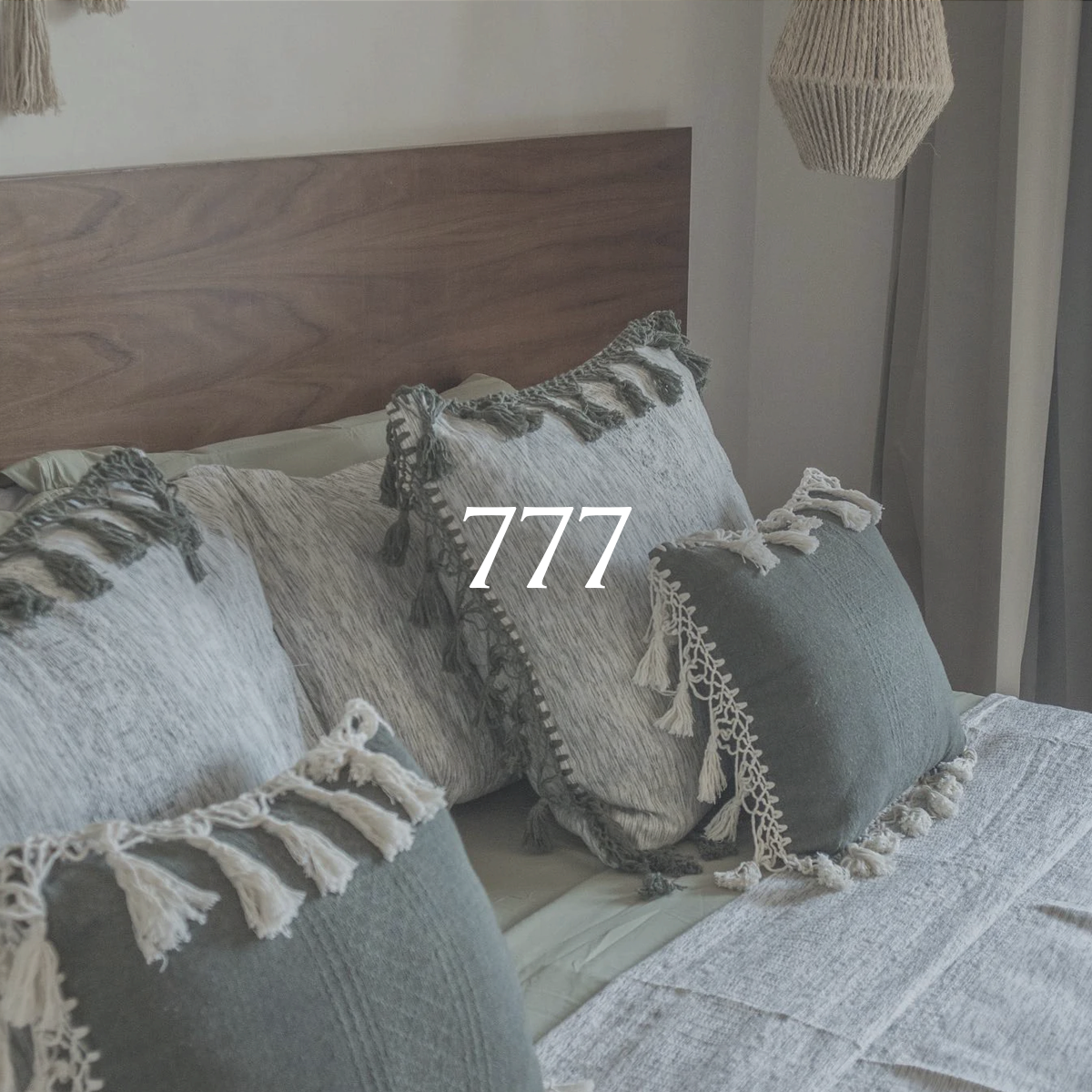 Cama matrimonial con cojines decorativos y lampara de techo.