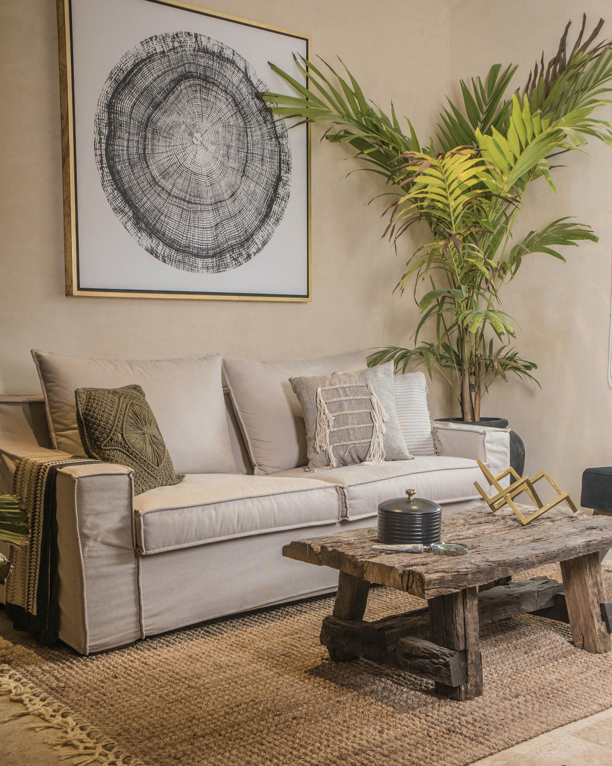 Sala moderna con cojines decorativos y mesa de centro.